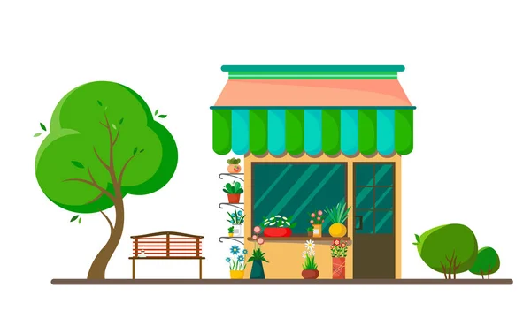 花店在街上 有一棵树 灌木丛和舒适的长凳在白色背景 卡通平面样式中的矢量插图 — 图库矢量图片