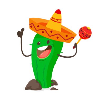Maraka ve sombreros ile eğlenceli kaktüs. Beyaz arka planda vektör çizimi.