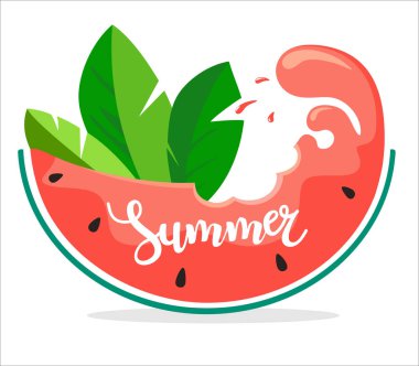 Kaligrafik metin Yaz ve palmiye yaprakları ile karpuz dilim. Beyaz arka planda vektör çizimi.