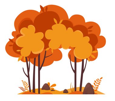 Tepelik bir arazide çalılar ve taşlar ile Sonbahar ağaçları. Beyaz arka planda vektör çizimi.