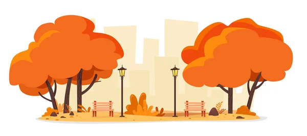 Herbstlicher Stadtpark Mit Bänken Und Straßenlaternen Vektor Illustration Eines Flachen — Stockvektor