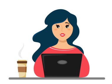 Kız bir dizüstü bilgisayarda çalışıyor, kahvenin yanında. Düz bir stilin vektör çizimi.