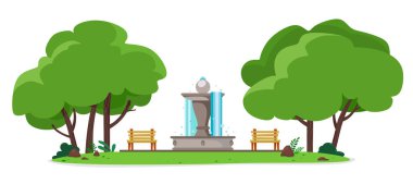Rahat banklarda çeşme olan halka açık bir park. Beyaz arka planda vektör çizimi.