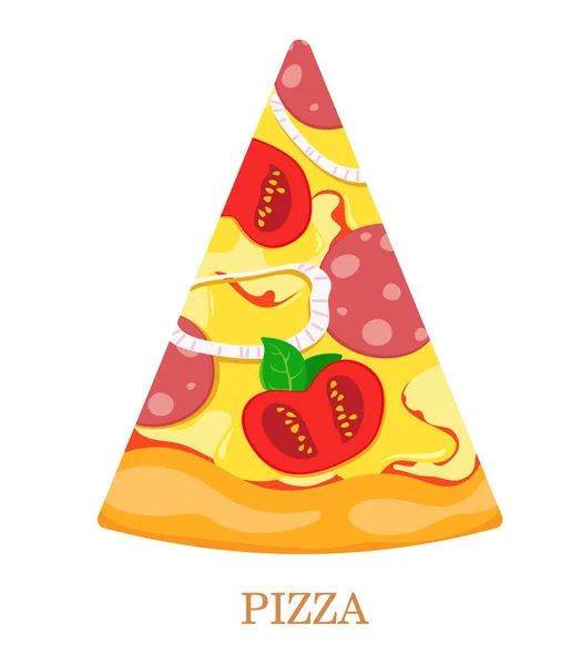 Slice of pizza with tomatoes, salami, onions, olives and basil. Vector illustration on white background. — Stock Vector