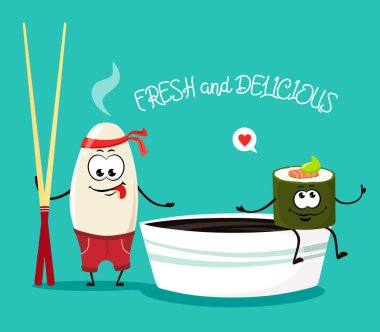 Japon Chopsticks ve Karikatür Tarzı Soya Soslu Rulo ile Komik Pirinç. Vektör İllüstrasyonu