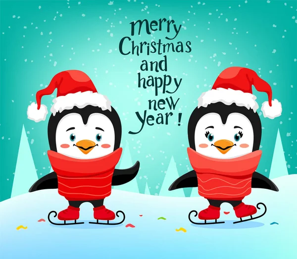 Söt Skridskoåkning Pingviner Med Santa Hatt Tecknad Stil Handskriven Skrift — Stock vektor