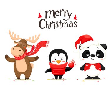 Sevimli Noel hayvanları, geyik, panda ve penguen. El yazısı metni, harfler. Mutlu Noeller. Vektör beyaz bir arka plan üzerinde yalıtma.