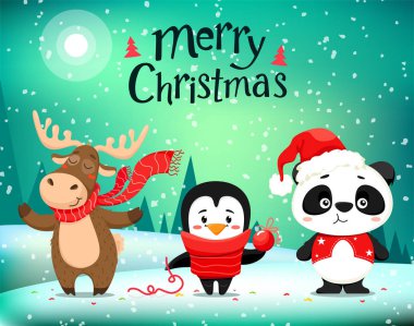 Sevimli Noel hayvanları, geyik, panda ve penguen. El yazısı metni, harfler. Mutlu Noeller. Vektör çizimi.