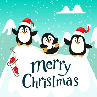 Buz üzerinde kırmızı şapkalı sevimli komik penguenler. El yazısı metni, harfler. Noel. Vektör çizimi