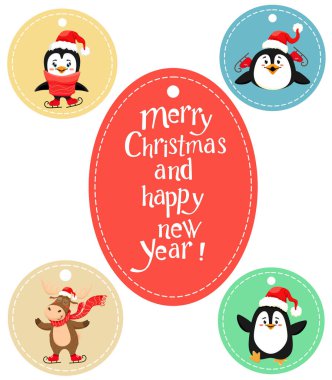 El yazısı metin, geyik ve penguenler ile Sevimli Noel kolye. Vektör beyaz bir arka plan üzerinde yalıtma.