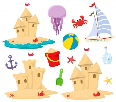 Sandcastle plaj simgeleri karikatür tarzında dekoratif unsurlar ile ayarlayın. Deniz teması. Vektör beyaz bir arka plan üzerinde yalıtma.