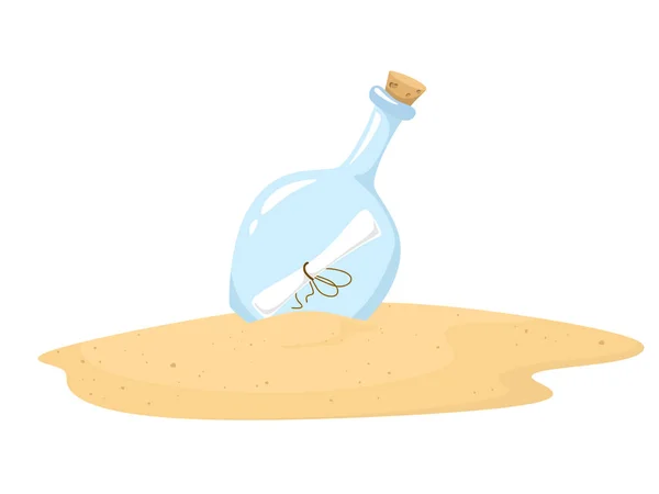 The bottle with the letter inside lies on the sand. Vector illustration in cartoon style on a white background.
