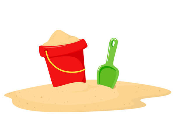 A bucket of sand and a spatula is standing on the sand. Vector illustration in cartoon style on a white background.