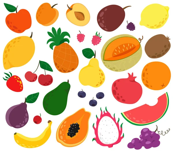 Bir Karikatür Tarzında Meyve Büyük Bir Set Güzel Kavramsal Meyve — Stok Vektör