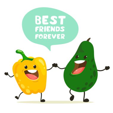 Komik biber ve avokado birlikte el tutarak stand. El yazısı, yazı ile metin işleyicisi. Beyaz arka planda karikatür tarzında vektör karakterleri.