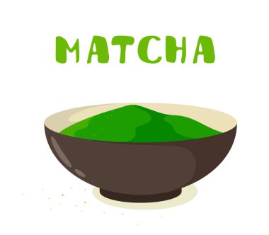El yazısı metin ile bir kase çay Matcha. Düz tarzda beyaz arka plan üzerinde vektör Illustration.