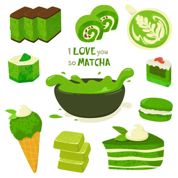 Warianty Słodyczy Herbaty Matcha Vector Izolatów Tekstem Odręi Kocham Cię — Wektor stockowy