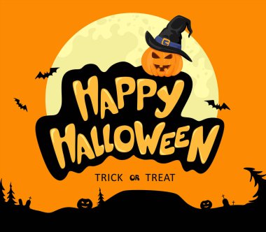 Mutlu Cadılar Bayramı yazı el yazısı metin. Örümcek ağı ve yarasalar, balkabağı ve turuncu bir arka plan üzerine metin. Korku Ormanı.