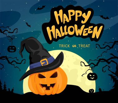 Mutlu Cadılar Bayramı arka plan. Ay, korkunç ağaçlar ve el yazısı yla yazılmış bir cadı şapkasıyla balkabağı. Karikatür tarzında vektör illüstrasyon.