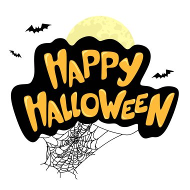 Mutlu Cadılar Bayramı yazı el yazısı metin. Örümcek ağı ve beyaz arka plan üzerinde metin ile yarasalar