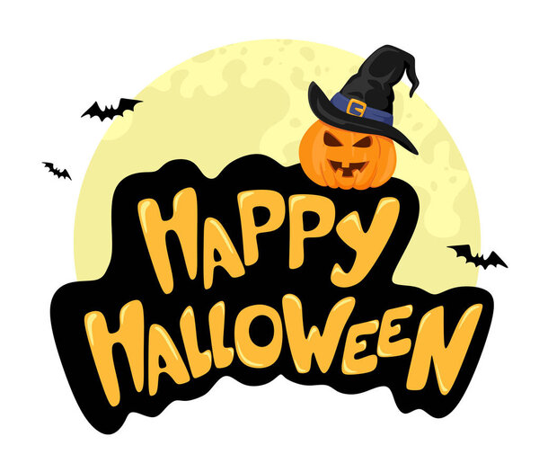 Happy Halloween handwritten text. Volumetric and fantasy lettering with pumpkin decor in a witch's hat, moon and bats. Vector isolate decor on a white background.