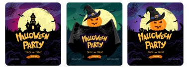Cadılar Bayramı partisi, üç parlak afiş seti. Vektör afiş tasarımı