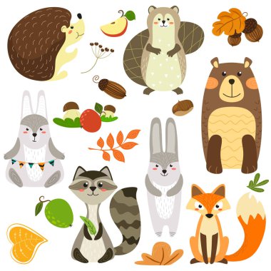 İskandinav tarzında dekor elemanları ile sevimli hayvanlar. Vektör karikatür tarzında beyaz bir arka plan üzerinde izole eder. Vahşi hayvanlar seti.