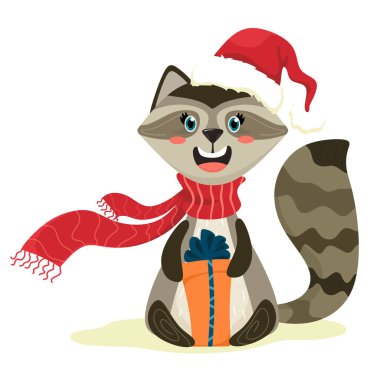 Noel kostümlü ve hediyeli sevimli rakun. Vektör karikatür tarzında beyaz bir arka plan üzerinde izole.