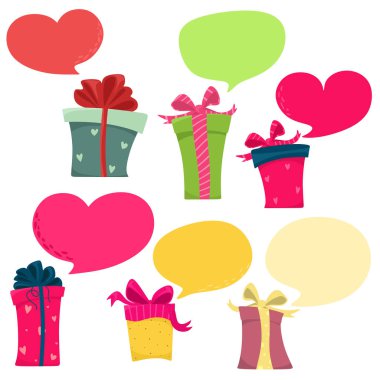 Sevgililer Günü, doğum günü veya yıldönümü için metin için kabarcıklar ile hediye kutuları ayarlayın. Vektör beyaz bir arka plan üzerinde yalıtma.