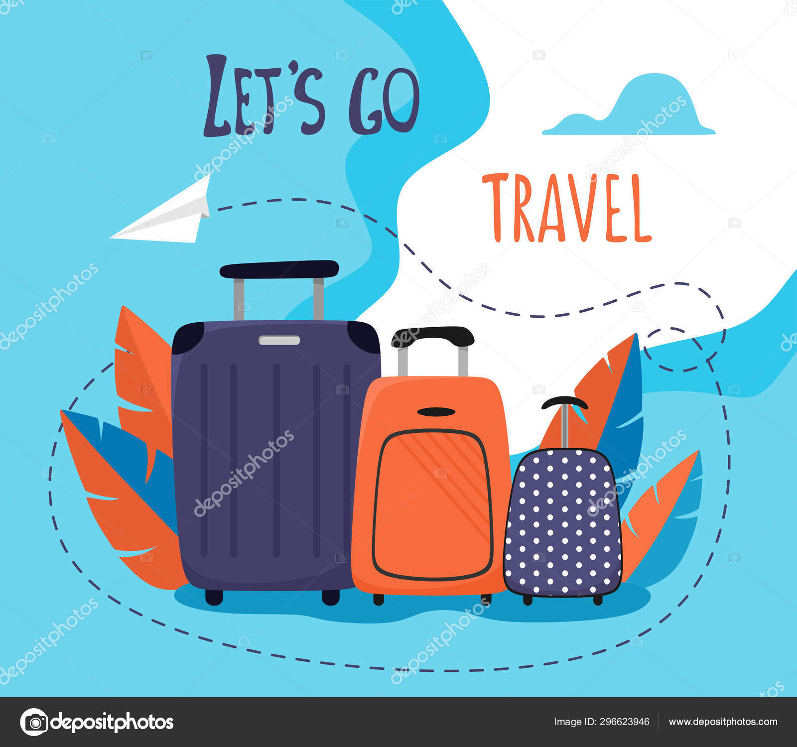 Premium Vector  Travel vector illustration. let's go travel text with  airplane, luggage bag and traveling elements