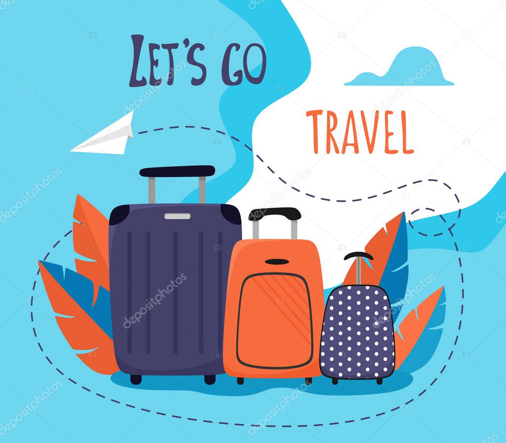 Trendy color. Lets Go Travel Motivational Title. Travel banner with cartoon suitcases and a flying paper airplane. Vector Illustration in Flat Design. Family trip.