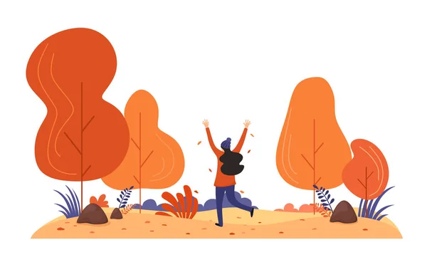 Девушка Осеннем Парке Играет Листьями Автоматический Фон Мультяшном Плоском Стиле — стоковый вектор