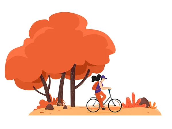 Chica Monta Bicicleta Parque Otoño Hola Otoño Fondo Otoño Ilustración — Vector de stock