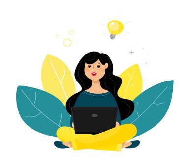 Bir kız katta oturur ve sosyal ağlarda bir dizüstü bilgisayar ile çalışır. İş illüstrasyon. İş fikri ve iletişim. Düz tarzda beyaz arka plan üzerinde vektör çizimi. 