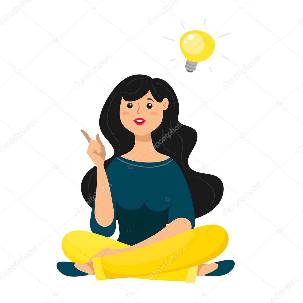 The girl is sitting in a yoga pose and comes up with an idea. Concept idea. Vector illustration of a white background in flat style.