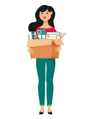 Güzel kız ofis malzemeleri ile bir kutu tutar. Vektör beyaz bir arka plan üzerinde karikatür düz tarzı izole.