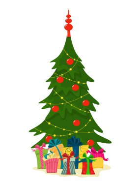 Hediye kutuları olan Noel ağacı. Beyaz arka planda karikatür düz tarzda vektör illüstrasyon.