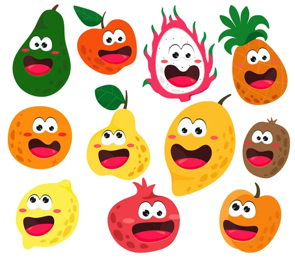 Cute Funny Fruit Characters Eyes Vector Fruit Isolates White Background — Stock Vector