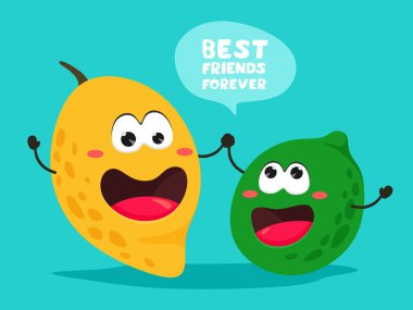 Komik mango ve limon sloganı ile. Sonsuza kadar en iyi arkadaşlar. Narenciye ve meyve ile parlak vektör illüstrasyon. El yazısı metin, yazı.