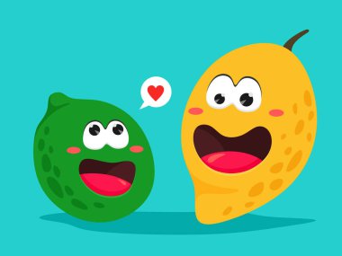 Komik mango ve karikatür tarzında kireç. Narenciye ve meyve ile parlak vektör illüstrasyon.