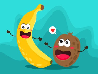 Karikatür tarzında komik muz ve kivi meyve. Meyvelerle parlak vektör illüstrasyonu