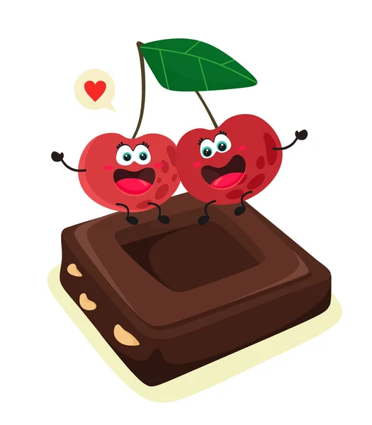 Zábavné Kreslené Třešně Kousku Čokolády Ořechy Izolace Vektoru Bílém Pozadí — Stockový vektor