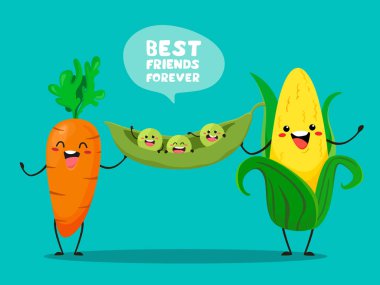 Komik mısır ve havuç yeşil bezelye ile bir hile tutun. Karikatür düz tarzda vektör illüstrasyon.