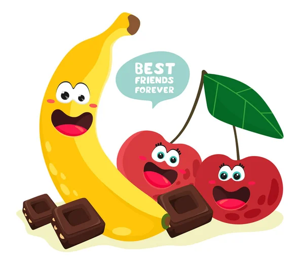 Cheerful Banana Cherry Pieces Chocolate Quote Best Friends Forever Vector — Stock Vector