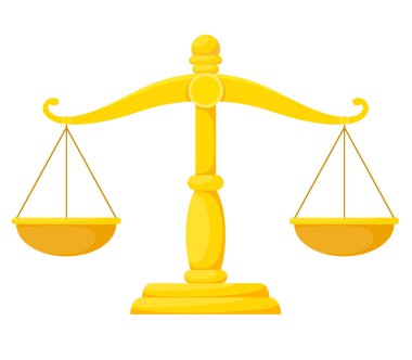 Karikatür düz tarzı Adalet terazi. Balanza de la justicia Themis. Hukuk dengesi sembolü. Vektör çizimi.