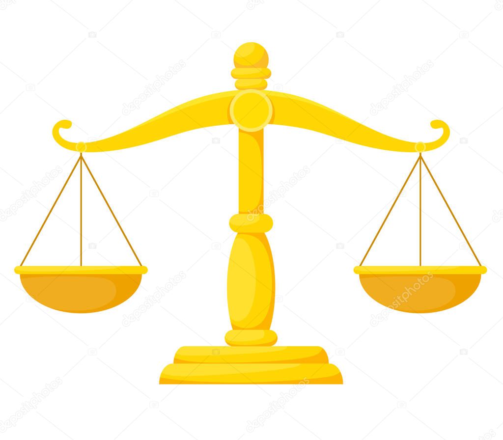 Justice libra in cartoon flat style. Balanza de la justicia Themis. Law balance symbol. Vector illustration.