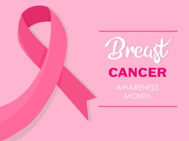 Pembe kurdele, meme kanseri farkındalık sembolü. Yazı ile düz tarzda vektör çizimi.