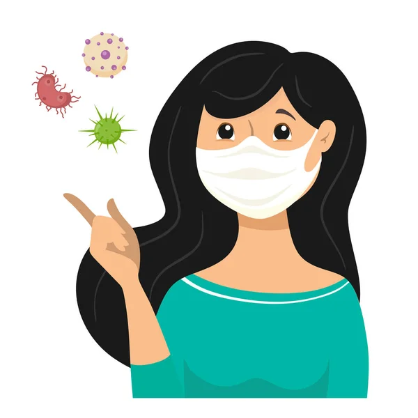 感染が空気中に伝染するので マスクされた女の子 細菌やウイルスが飛びます 細菌やウイルスに対する保護のためのマスク 漫画フラットスタイルのベクトルイラスト — ストックベクタ