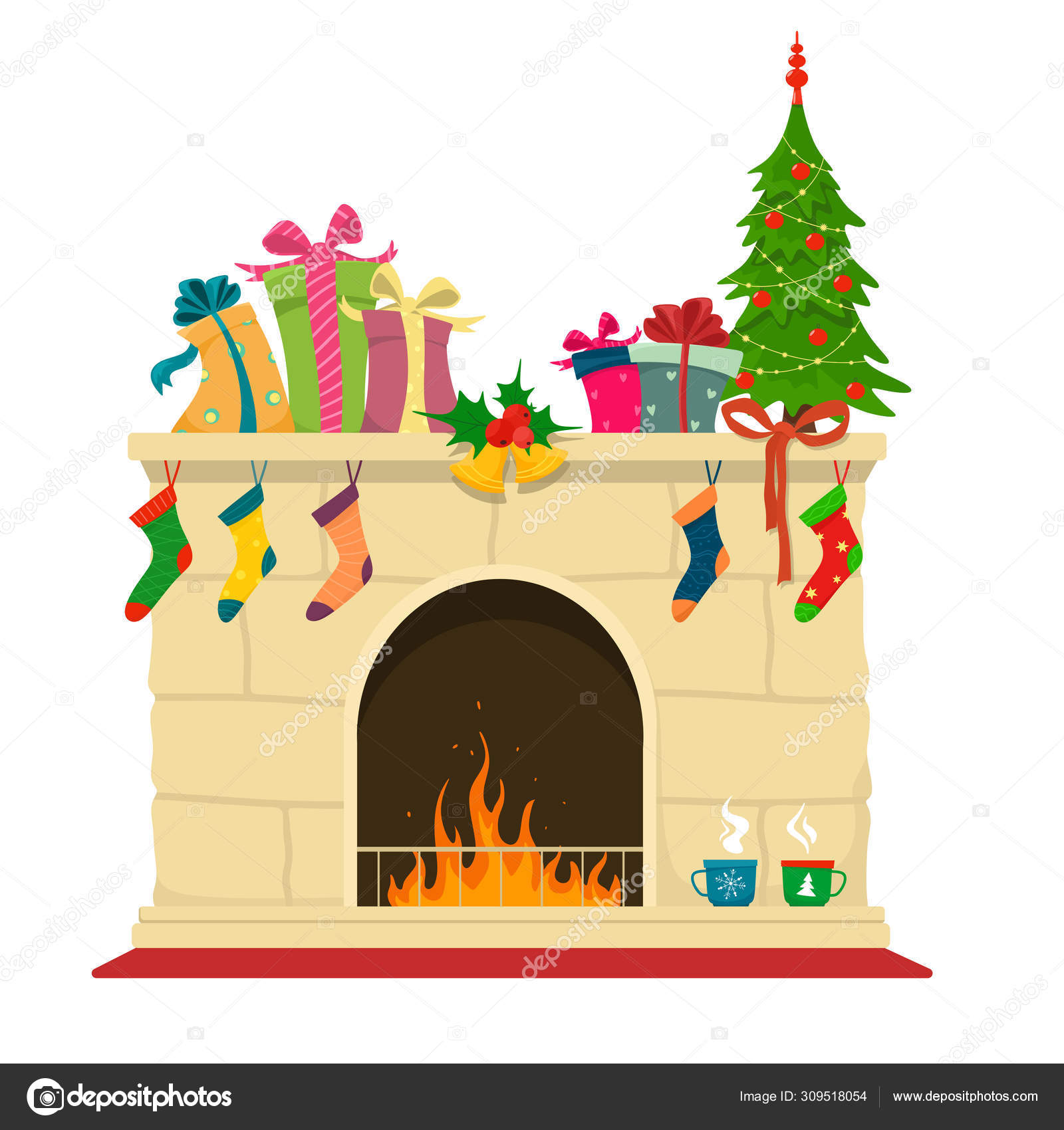 New Year Traditional Fireplace Christmas Brown Brick Fireplace