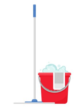 Temizlik için bir kova ile paspas. Bir kova deterjan. Beyaz arka planda vektör yalıtma.